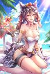  animal_ears armlet bangs bare_shoulders beach belt black_hair blush breasts bridal_gauntlets cape cape_removed cleavage collarbone commentary_request cup day drinking_glass drinking_straw ear_piercing erune eyewear_on_head flower granblue_fantasy hair_between_eyes hair_flower hair_ornament hair_ribbon hips ilsa_(granblue_fantasy) jewelry jiyo_(3510_tss) large_breasts long_hair looking_at_viewer ocean one-piece_swimsuit open_mouth palm_tree piercing ponytail red_eyes red_ribbon ribbon seiza signature sitting smile solo sparkle sunglasses sunlight swimsuit thigh_strap thighs tree 