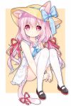  animal_ears azur_lane bangs bare_arms bare_shoulders beige_background blue_bow blue_neckwear blush bow brown_footwear cat_ears cat_girl cat_tail chinese_commentary closed_mouth commentary_request dress ears_through_headwear eyebrows_visible_through_hair fingernails full_body hair_between_eyes hair_ribbon hat hat_bow kisaragi_(azur_lane) long_hair looking_at_viewer low_twintails neckerchief pink_hair red_eyes red_ribbon ribbon sailor_collar sailor_dress shoes sidelocks sitting sleeveless sleeveless_dress solo sun_hat tail tail_ribbon tengxiang_lingnai thighhighs twintails two-tone_background very_long_hair white_background white_dress white_legwear white_sailor_collar yellow_hat 