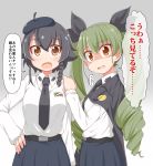  anchovy anzio_school_uniform bangs belt beret black_belt black_cape black_hair black_hat black_neckwear black_ribbon black_skirt braid brown_eyes cape check_translation commentary_request cowboy_shot dou-t dress_shirt drill_hair emblem eyebrows_visible_through_hair frown girls_und_panzer gradient gradient_background green_hair grey_background hair_ribbon hand_on_another's_shoulder hat highres long_hair long_sleeves looking_at_viewer miniskirt multiple_girls necktie open_mouth partial_commentary pepperoni_(girls_und_panzer) pleated_skirt red_eyes ribbon school_uniform shaded_face shirt short_hair side_braid skirt standing sweatdrop tears translation_request twin_drills twintails white_shirt 
