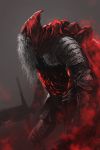  armor artist_name beard cape dark_background dark_souls_iii facial_hair gauntlets greaves grey_background highres holding holding_sword holding_weapon jdori profile red_cape red_hood slave_knight_gael souls_(from_software) sword weapon white_hair 