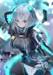  aqua_eyes arm_behind_back arm_up bangs breasts commentary_request debris glowing grey_hair hair_between_eyes holding holding_weapon icey icey_(game) looking_at_viewer medium_breasts miyuki_ruria robot_ears short_hair solo standing twitter_username weapon 