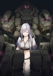  ak-12_(girls_frontline) bangs black_bow bow braid breasts cleavage closed_mouth french_braid girls_frontline glowing glowing_eye gun hair_bow highres jacket long_hair medium_breasts navel one_eye_closed open_clothes open_jacket pink_eyes ponytail robot sanderson silver_hair sports_bikini weapon 