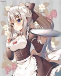  9a-91_(girls_frontline) apron bangs blue_eyes blush bow breasts brown_bow brown_dress closed_mouth commentary cross-laced_clothes detached_collar dress dutch_angle eyebrows_visible_through_hair flower food frilled_apron frills fruit girls_frontline grey_hair hair_between_eyes hair_bow hair_ornament hairclip hands_up high_ponytail holding holding_tray juliet_sleeves long_hair long_sleeves looking_at_viewer maid maid_headdress mauve ponytail puffy_sleeves red_bow sidelocks small_breasts smile solo strawberry striped striped_background tray twitter_username vertical-striped_background vertical_stripes very_long_hair waist_apron white_apron white_collar white_flower 