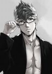  adjusting_eyewear black-framed_eyewear black_hair black_shirt chest collarbone fate/grand_order fate_(series) glasses green_eyes grey_background highres male_focus multicolored_hair nanaku_teiru open_clothes open_shirt pale_skin shirt shirtless sigurd_(fate/grand_order) solo spiked_hair spot_color two-tone_hair upper_body white_hair 