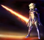  1girl angry armor armored_boots artoria_pendragon_(all) artoria_pendragon_(lancer_alter) bangs black_bodysuit blonde_hair blue_armor bodysuit boots braid breasts center_opening dark_rhongomyniad fate/grand_order fate_(series) female fire french_braid full_body gauntlets gradient hair_between_eyes high_resolution horns lance large_filesize long_hair looking_to_the_side navel pauldron picantium polearm rhongomyniad sidelocks small_breasts solo stomach thighs tied_hair underboob very_high_resolution waist weapon yellow_eyes younger 