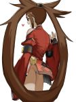  ass bare_shoulders brown_eyes brown_hair china_dress chinese_clothes commentary dress fang flasso from_side guilty_gear guilty_gear_xrd heart highres kuradoberi_jam long_hair long_sleeves looking_to_the_side open_mouth panties panty_peek red_dress simple_background skirt smile solo twintails underwear very_long_hair waving white_background white_panties wide_sleeves 