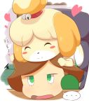  &lt;3 ... animal_crossing anthro bell blonde_hair blush blush_stickers brown_hair canine chair clothing dialogue dog eyes_closed female green_eyes hair half-closed_eyes happy human isabelle_(animal_crossing) japanese_text jingle_bell mammal nintendo open_mouth ratipiko shih_tzu shirt short_hair sitting smile speech_bubble text tied_hair topknot translation_request video_games villager_(animal_crossing) 