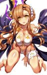  bangs bare_shoulders bikini blush braid breasts brown_hair choker cleavage collarbone commentary_request feet flower french_braid granblue_fantasy hair_flower hair_ornament hairband hand_in_hair head_wings highres hips large_breasts leg_garter legs long_hair looking_at_viewer open_mouth sash shiny shiny_hair shiny_skin sidelocks simple_background smile solo song_(granblue_fantasy) swimsuit thighs vin white_background white_bikini yellow_eyes 