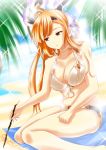  ayasato_karen bangs bare_shoulders beach bikini blush braid breasts brown_eyes choker cleavage collarbone commentary_request day flower french_braid granblue_fantasy hair_flower hair_ornament hairband head_wings highres hips large_breasts long_hair looking_down navel orange_hair parted_lips sidelocks sitting solo song_(granblue_fantasy) sparkle stick swimsuit thighs tic-tac-toe white_bikini 