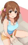  bangs bare_arms bare_shoulders blue_tank_top breasts brown_eyes brown_hair cleavage eyebrows_visible_through_hair heart heart_necklace idolmaster idolmaster_cinderella_girls jewelry large_breasts lips looking_at_viewer looking_up low_twintails medium_hair midriff omaru_gyuunyuu pendant short_shorts shorts sitting solo straddling tank_top totoki_airi twintails 
