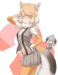  animal_ear_fluff animal_ears bird_wings blonde_hair blush commentary_request elbow_gloves eyebrows_visible_through_hair fox_ears fox_tail fur_collar gloves grey_hair guchico hand_on_hip head_wings kemono_friends light_brown_hair multicolored_hair multiple_girls necktie pantyhose pleated_skirt shoebill_(kemono_friends) short_hair short_sleeves skirt tail tibetan_sand_fox_(kemono_friends) v v_over_eye vest white_hair wings yellow_eyes 