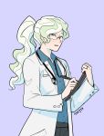  bespectacled blue_eyes blue_shirt commentary diana_cavendish doctor english_commentary glasses highres jewelry labcoat little_witch_academia multicolored_hair open_mouth pen ponytail ring shirt simple_background stethoscope tablet ticcy two-tone_hair white_coat white_hair 