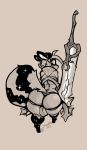  2018 balls big_balls big_butt butt clothing girly hi_res huge_butt jin&amp;tonic jintonic loincloth looking_at_viewer looking_back male mammal melee_weapon monochrome procyonid raccoon solo sweat sword tectael thick_thighs voluptuous weapon wide_hips 