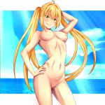  ahoge arm_up blonde_hair blue_sky blush breasts day eyebrows_visible_through_hair fate/grand_order fate_(series) hand_on_hip large_breasts legs_apart long_hair navel nero_claudius_(fate) nero_claudius_(fate)_(all) nike_(0306) nipples nude pussy sky smile solo standing twintails uncensored 
