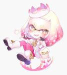  1girl :d animal bad_id bad_twitter_id blush boots chibi domino_mask dress fingerless_gloves full_body glint gloves gradient_hair highres hime_(splatoon) looking_at_viewer mask mole mole_under_mouth multicolored_hair open_mouth pantyhose pink_hair pink_legwear short_hair simple_background sleeveless sleeveless_dress smile solo sparkle splatoon_(series) splatoon_2 squid star teeth tentacle_hair two-tone_hair wataru_(w_t_r_ika) white_background white_dress white_footwear white_gloves white_hair yellow_eyes zipper_pull_tab 