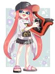  bangs baseball_cap black_hat blue_eyes blunt_bangs commentary domino_mask fang floral_background full_body green_background grey_skirt hat holding holding_weapon inkling inkling_(language) long_hair looking_at_viewer maco_spl mask miniskirt open_mouth outside_border pleated_skirt pointy_ears print_shirt red_hat sandals shirt short_sleeves skirt slosher_(splatoon) smile solo splatoon_(series) splatoon_1 standing t-shirt tentacle_hair weapon white_shirt 