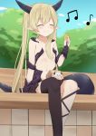  absurdres asymmetrical_legwear bench biscuit blue_sky blush breasts closed_eyes cloud commentary_request day diablo_(isekai_maou_to_shoukan_shoujo_dorei_majutsu) dragon_girl dragon_horns dragon_tail eating eyebrows_visible_through_hair food grey_hair happy highres horns isekai_maou_to_shoukan_shoujo_dorei_majutsu krebskrum long_hair musical_note navel outdoors pointy_ears revealing_clothes sakutaishi single_thighhigh skirt sky small_breasts smile solo tail thighhighs tree twintails very_long_hair 