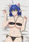  absurdres ahoge animal_ears artist_request blue_hair breasts cat_demon_girl_(shinmai_maou_no_testament_burst) cat_ears cat_tail cleavage covered_nipples highres horns large_breasts lying navel shinmai_maou_no_testament solo swimsuit tail underwear yellow_eyes 