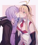  antenna_hair aoki_shizumi black_hairband black_hoodie blonde_hair cheek_kiss closed_eyes commentary hairband hood hoodie kiss long_hair multiple_girls one_eye_closed purple_hair short_hair_with_long_locks sidelocks sweatdrop tsurumaki_maki very_long_hair voiceroid yuri yuzuki_yukari 