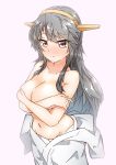  absurdres big_hair blush breasts brown_eyes cleavage closed_mouth collarbone covering covering_breasts crossed_arms embarrassed gradient gradient_background grey_hair harukawa_(hal501) haruna_(kantai_collection) headgear highres kantai_collection large_breasts long_hair looking_at_viewer naked_towel navel nose_blush remodel_(kantai_collection) sidelocks simple_background solo topless towel towel_around_waist white_background 