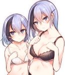  age_comparison black_bra black_hair black_panties blue_eyes bra breasts dual_persona hair_between_eyes hair_ornament hairclip hands_on_own_chest highres kinukawa_chinatsu looking_at_viewer medium_breasts multicolored_hair multiple_girls older original panties parted_lips purple_hair short_hair small_breasts tsunekichi underwear underwear_only white_background white_bra younger 