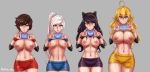 4girls absurdres aestheticc-meme ahoge animal_ears areolae bare_shoulders blake_belladonna blonde_hair blue_eyes bow breasts cat_ears cleavage detached_sleeve gradient_hair grin hair_bow highres large_breasts long_hair looking_at_viewer midriff multicolored_hair multiple_girls nipples open_mouth ponytail purple_eyes red_hair ribbon ruby_rose rwby scar scar_across_eye shirt short_hair short_sleeves shorts side_ponytail silver_eyes sleeveless sleeveless_shirt smile two-tone_hair vambraces wavy_hair weiss_schnee white_hair yang_xiao_long yellow_eyes yellow_shirt 