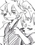  2016 4_fingers age_difference annoyed anthro anthro_on_anthro black_and_white black_nose blood blush breath canine child clothed clothing cub dog drooling duo eyes_closed fist fur_markings grabbing_from_behind half-closed_eyes hand_on_hip head_tuft inner_ear_fluff male male/male mammal markings monochrome nosebleed older_male open_mouth pec_grab saku1saya saliva seiya_(saku1saya) shirt simple_background sketchy sweat sweatdrop tank_top white_background young younger_male 
