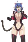  ahoge animal_ears artist_request blue_hair breasts cat_demon_girl_(shinmai_maou_no_testament_burst) cat_ears cat_tail cleavage covered_nipples elbow_gloves gloves highres horns large_breasts navel no_bra shinmai_maou_no_testament solo tail underwear yellow_eyes 