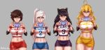  4girls absurdres aestheticc-meme ahoge animal_ears bare_shoulders blake_belladonna blonde_hair blue_eyes bow breasts cat_ears cleavage detached_sleeve gradient_hair grin hair_bow highres large_breasts long_hair looking_at_viewer midriff multicolored_hair multiple_girls open_mouth ponytail purple_eyes red_hair ribbon ruby_rose rwby scar scar_across_eye shirt short_hair short_sleeves shorts side_ponytail silver_eyes sleeveless sleeveless_shirt smile two-tone_hair vambraces wavy_hair weiss_schnee white_hair yang_xiao_long yellow_eyes yellow_shirt 
