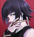  bangs bare_shoulders black_hair bleach blunt_bangs braid brown_eyes chinese_commentary chromatic_aberration claw_(weapon) commentary_request covering_mouth detached_sleeves hand_up hands looking_at_viewer pixiv772412560 portrait red_background short_hair short_hair_with_long_locks simple_background solo sui-feng weapon 