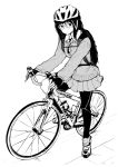  batta_(kanzume_quality) bicycle bicycle_helmet bottle bow bowtie cardigan closed_mouth collared_shirt commentary_request fingerless_gloves gloves greyscale ground_vehicle helmet long_hair long_sleeves looking_at_viewer monochrome original pleated_skirt school_uniform shirt simple_background skirt solo water_bottle white_background wing_collar 