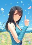  absurdres black_hair blue_shirt blue_sky blurry blurry_background brown_eyes cherry_blossoms collarbone day detached_sleeves eyebrows_visible_through_hair fateline_alpha field final_fantasy final_fantasy_viii flower flower_field from_side hair_between_eyes highres index_finger_raised long_hair looking_at_viewer outdoors rinoa_heartilly shiny shiny_hair shirt sky sleeveless sleeveless_shirt smile solo striped striped_shirt upper_body vertical-striped_shirt vertical_stripes 