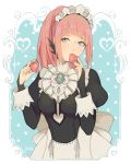  artist_name blue_eyes bridal_gauntlets commentary felicia_(fire_emblem_if) fire_emblem fire_emblem_if food fruit gem highres holding holding_food holding_fruit jivke juliet_sleeves long_hair long_sleeves maid maid_headdress pink_hair ponytail puffy_sleeves solo strawberry 