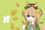  :o animal_ears bangs bell blue_kimono breasts commentary_request eguchi_saan facial_mark fang food fox_ears fox_tail green_background green_kimono hair_bell hair_ornament holding holding_food japanese_clothes jingle_bell kimono kouhaku_nawa light_brown_hair mini_torii open_mouth original shide short_hair simple_background small_breasts solo symbol_commentary tail tofu torii upper_body yellow_eyes 