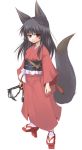  animal_ear_fluff animal_ears batta_(kanzume_quality) black_hair closed_mouth commentary_request eyebrows_visible_through_hair fox_ears fox_tail full_body geta holding japanese_clothes katana kimono long_hair long_sleeves looking_at_viewer obi original red_eyes red_footwear red_kimono sandals sash scabbard sheath simple_background solo standing sword tabi tail tengu-geta weapon white_background 