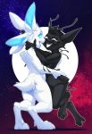  2018 5_fingers anthro black_fur blue_eyes cosmic_background detailed_background digital_media_(artwork) duo fur kyander lagomorph mammal nude open_mouth smile transcender valorice white_fur 