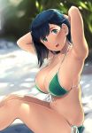  arms_up bikini blue_eyes blue_hair blurry blurry_background blush breasts collarbone day depth_of_field front-tie_bikini front-tie_top green_bikini hair_down highres kantai_collection large_breasts looking_at_viewer medium_hair open_mouth outdoors river shibafu_(glock23)_(style) side-tie_bikini sitting skindentation solo souryuu_(kantai_collection) swimsuit tying_hair wa_(genryusui) 