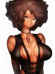  afro bare_shoulders big_hair breasts breasts_apart brown_eyes brown_hair cleavage collarbone covered_nipples domino_(marvel) fumio_(rsqkr) large_breasts looking_at_viewer marvel medium_breasts parted_lips solo thick_thighs thighs upper_body white_background 