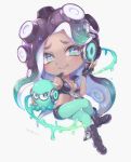  animal aqua_eyes aqua_hair aqua_legwear aqua_skin artist_name bad_id bad_twitter_id black_footwear black_gloves black_shorts boots breasts chibi cleavage closed_mouth crop_top dark_skin fingerless_gloves full_body furrowed_eyebrows glint gloves gradient_hair headphones highres horizontal_pupils iida_(splatoon) long_hair medium_breasts mole mole_under_mouth multicolored multicolored_hair multicolored_skin octopus pantyhose pantyhose_under_shorts pink_pupils shorts smile solo sparkle splatoon_(series) splatoon_2 suction_cups tentacle_hair two-tone_hair unzipped wataru_(w_t_r_ika) zipper zipper_pull_tab 