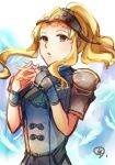  blonde_hair brown_eyes clair_(fire_emblem) commentary_request feathers fire_emblem fire_emblem_echoes:_mou_hitori_no_eiyuuou helmet highres interlocked_fingers long_hair parted_lips ponytail shoulder_armor solo yukimiyuki 