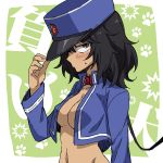  andou_(girls_und_panzer) black_hair blush breasts brown_eyes cleavage collar girls_und_panzer green_background hat large_breasts leash looking_at_viewer navel no_bra simple_background solo sonasiz sweat 