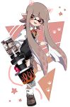  bangs black_footwear black_shorts black_sweater blaster_(splatoon) blunt_bangs brown_eyes commentary domino_mask dress_shirt fang full_body grey_hair holding holding_weapon inkling leg_up loafers long_hair looking_at_viewer maco_spl mask neck_ribbon open_mouth paw_print pointy_ears red_neckwear ribbon shirt shoes shorts smirk socks solo splatoon_(series) splatoon_1 standing standing_on_one_leg star star_print sweater sweater_vest tentacle_hair triangle v-shaped_eyebrows weapon white_legwear white_shirt wing_collar 