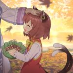  :d ^_^ acorn animal_ears autumn autumn_leaves bow bowtie brown_hair cat_ears cat_girl cat_tail chen china_dress chinese_clothes closed_eyes commentary_request day dress earrings falling_leaves fang hand_on_another's_head hat hat_basket hat_removed headwear_removed holding holding_hat jewelry kurobuta_gekkan leaf long_sleeves motion_blur multiple_girls nekomata open_mouth out_of_frame outdoors petting pinecone red_dress shirt short_hair smile solo_focus tabard tail touhou upper_body white_shirt yakumo_ran yellow_bow yellow_neckwear 