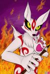  2018 amaterasu anthro breasts brush canine claws deity digital_media_(artwork) featureless female fire fur looking_at_viewer mammal paws seductive sitting solo video_games wax42 white_fur wolf ōkami 