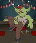  2016 alcohol bar beverage clothing cup ear_piercing erection footwear goblin green_body hair humanoid humanoid_penis long_ears looking_at_viewer male mjenai nails not_furry open_pants penis piercing pointy_ears pubes red_eyes red_hair shirt shoes smile smirk solo tank_top video_games warcraft 
