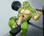  2012 abs amphibian anthro balls bulge clothed clothing erection exercise frog gym hi_res male muscular muscular_male penis poking_out precum sitting solo speedo swimsuit todex topless weightlifting weights workout 
