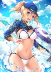  absurdres ahoge artoria_pendragon_(all) bangs baseball_cap bikini blonde_hair blue_eyes blue_hat blue_sky blush breasts cleavage commentary_request day fate/grand_order fate_(series) hair_between_eyes hair_through_headwear hat highres hips lance long_hair looking_at_viewer medium_breasts mysterious_heroine_xx_(foreigner) navel ocean open_mouth polearm ponytail shrug_(clothing) side-tie_bikini sky smile solo swimsuit thighs usagi_an water weapon white_bikini 