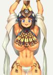  1girl abs areola_slip areolae bare_shoulders black_hair blue_eyes breasts cameltoe curvy dark_skin egyptian_clothes highres large_breasts looking_at_viewer menace muscle navel nestkeeper o-ring parted_lips queen&#039;s_blade short_hair solo thick_thighs thighs toned underboob wide_hips 