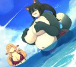  2girls akitaka_(mcdonnell-douglas) big_breasts black_hair blue_eyes breasts_covering brown_hair chubby cloud deer dog furry multiple_girls nipples ponytail purple_eyes water 