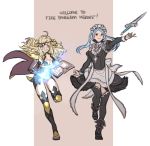  ahoge black_legwear blonde_hair blue_hair book breasts bridal_gauntlets cape circlet cleavage cleavage_cutout closed_mouth commentary fire_emblem fire_emblem_heroes fire_emblem_if flora_(fire_emblem_if) gem grey_eyes grin holding holding_book juliet_sleeves knife krazehkai leg_up long_hair long_sleeves maid maid_headdress medium_breasts multiple_girls one_eye_closed open_book ophelia_(fire_emblem_if) outstretched_arm puffy_sleeves simple_background smile thighhighs twintails zettai_ryouiki 